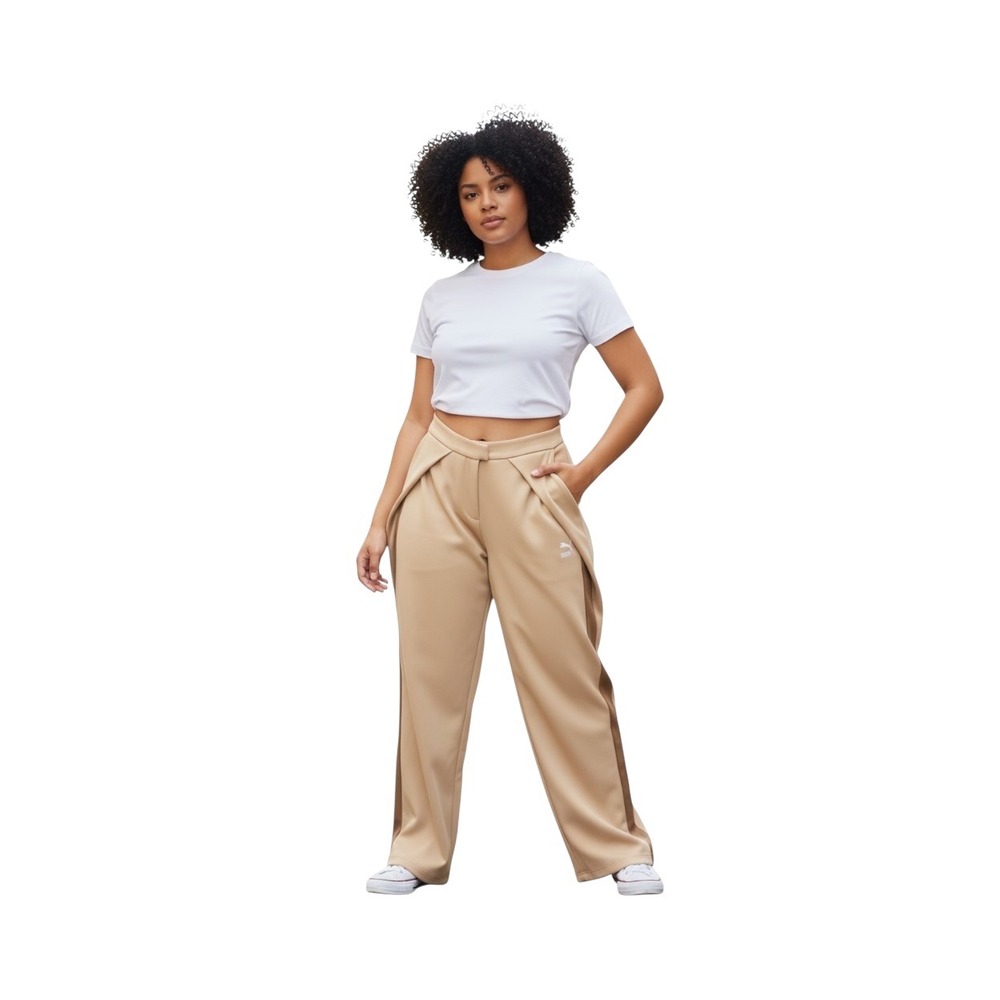 Puma Select Women Beige Wide Leg Pleated Track Pants Size 34 Sporty Tapered‎